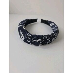 Navy Blue White turban knot headband bandana paisley jersey fabric‎ cover teeth